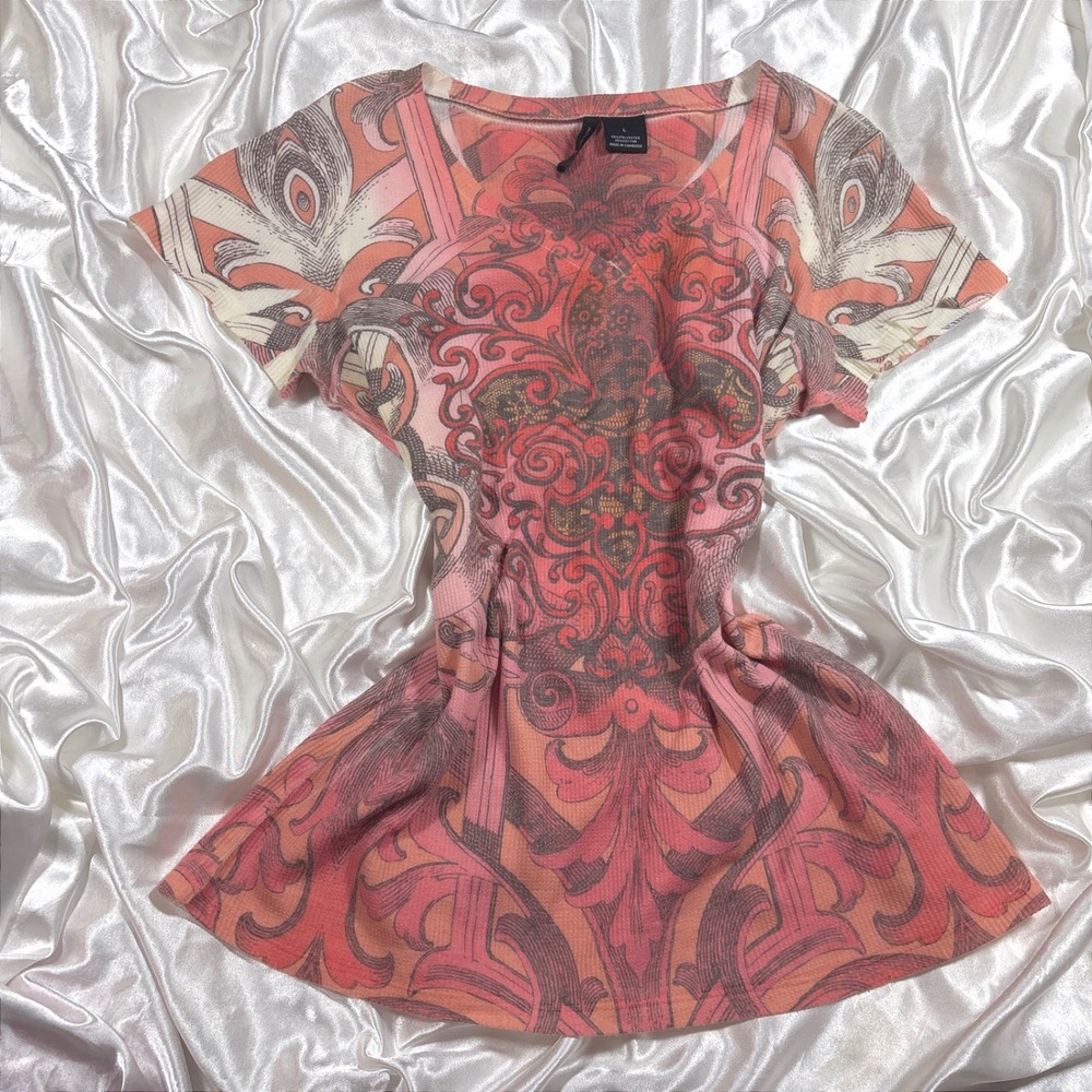 y2k Top Pink Excellent New Directions Waffle Knit Scroll Graphic Tee